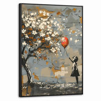 LEINWAND Bilder mit Rahmen - Baum - Graffiti - Banksy-Stil - Ballon-Mädchen - 70x100 - Blaugrau, Textil (70/100cm) - MuchoWow