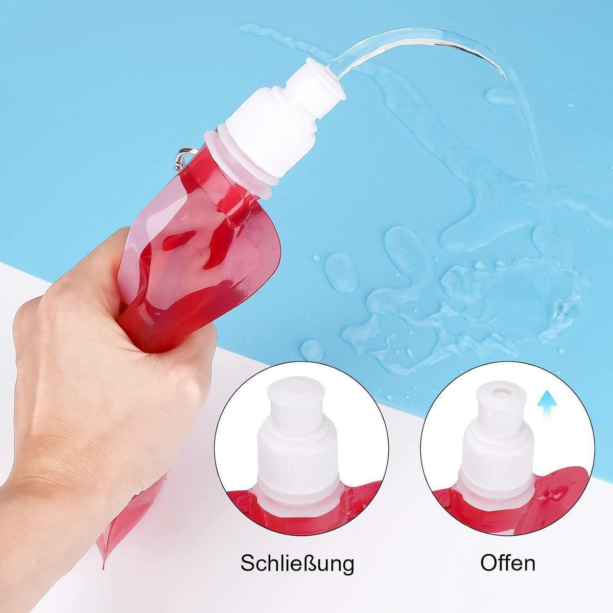 TRINKFLASCHE 2-teiliges Set 500 ml faltbar mit Karabiner Rot+Blau - Multicolor, Kunststoff (1/1cm)