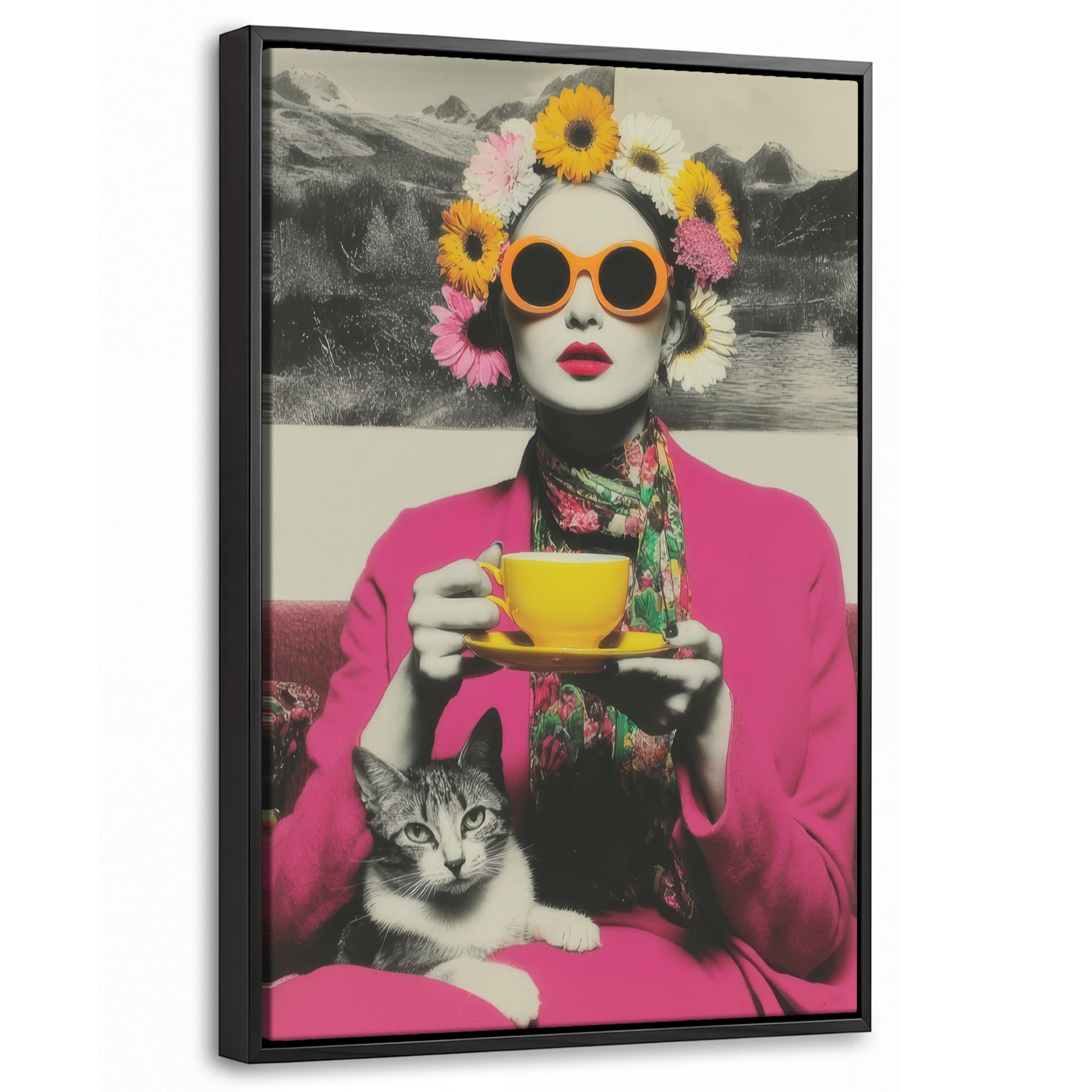 LEINWAND Bilder mit Rahmen - Frau - Katze - Blumen - Tasse - Retro - 20x30 - Magenta, Textil (20/30cm) - MuchoWow