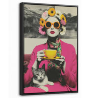 LEINWAND Bilder mit Rahmen - Frau - Katze - Blumen - Tasse - Retro - 20x30 - Magenta, Textil (20/30cm) - MuchoWow