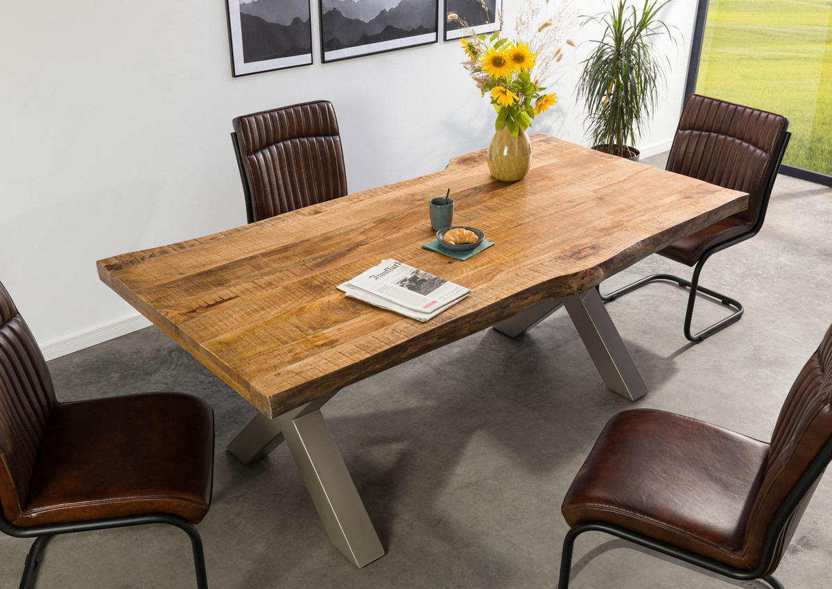 BAUMTISCH Mango 180x90x77 natur lackiert FREEFORM 5 / X-Beine silber matt - Braun, Holz (90/180/77cm) - Massivmoebel24