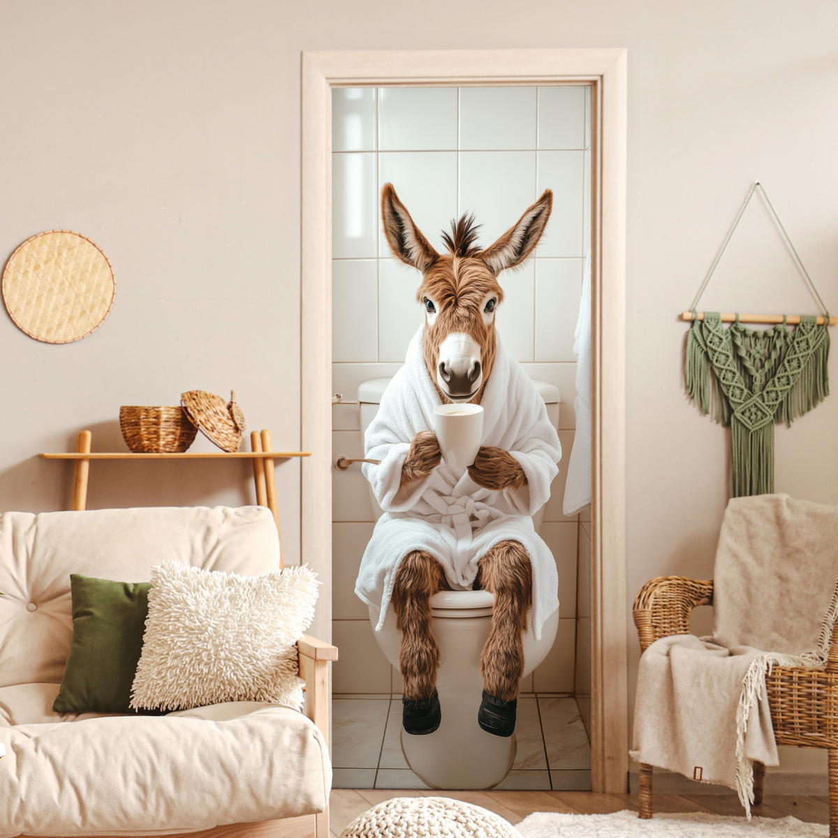 TÜRAUFKLEBER Selbstklebend - Esel - WC - Lustig - Bademantel - Tier 95x235 cm - Türtapete - Beige, Kunststoff (95/0.1cm) - MuchoWow