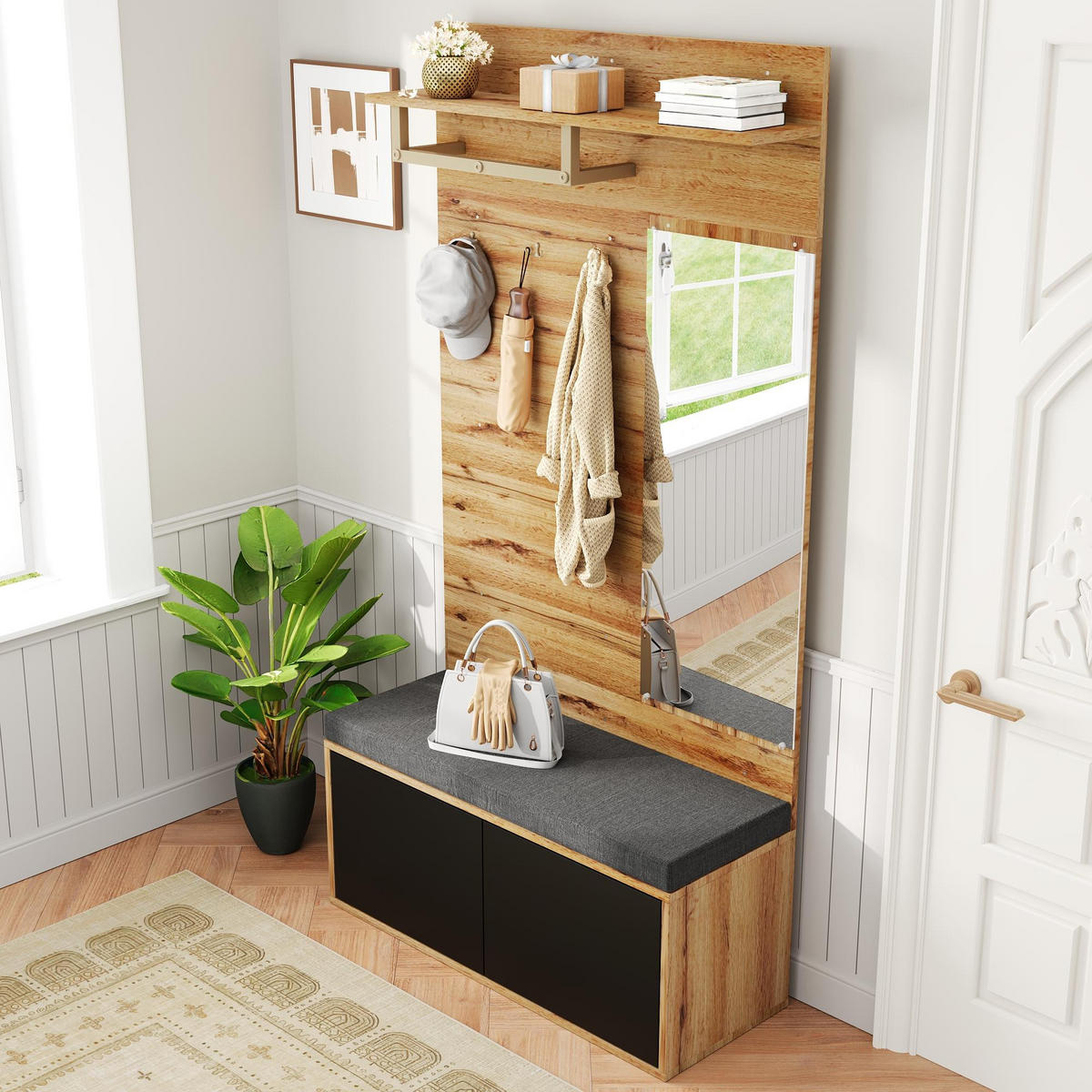 KLEIDERSCHRANKSET Kompakt Spiegel Kissen Garderobenpaneele Flur modern - Schwarz, Holzwerkstoff (38/190/100cm) - FLIEKS