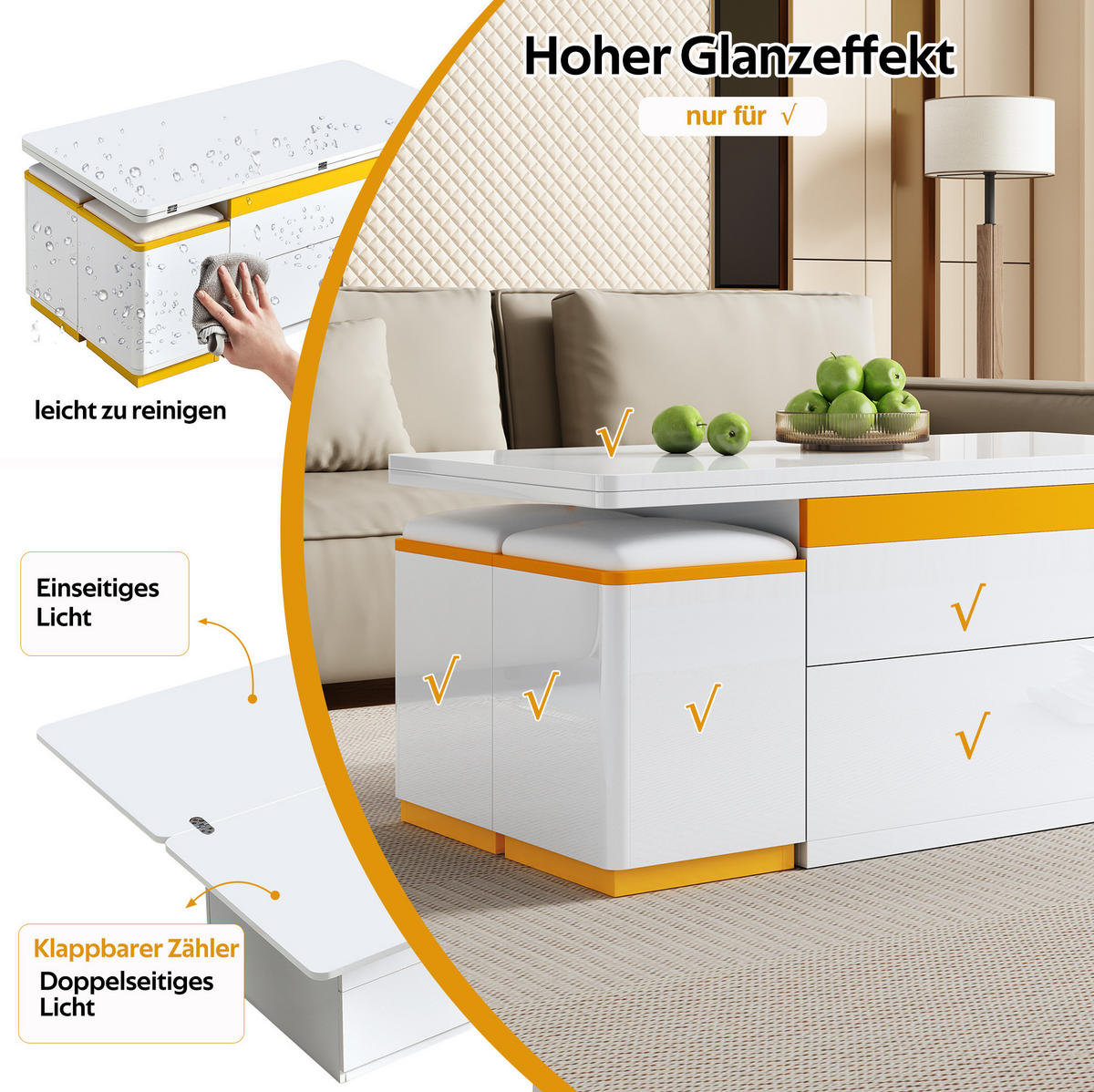 COUCHTISCH 100/50/43 cm mit Klapp- und Hebefunktion, Stauraum und 4 Hockern, Weiß/Gelb - Weiß, Holzwerkstoff (100/50/43cm) - Redom