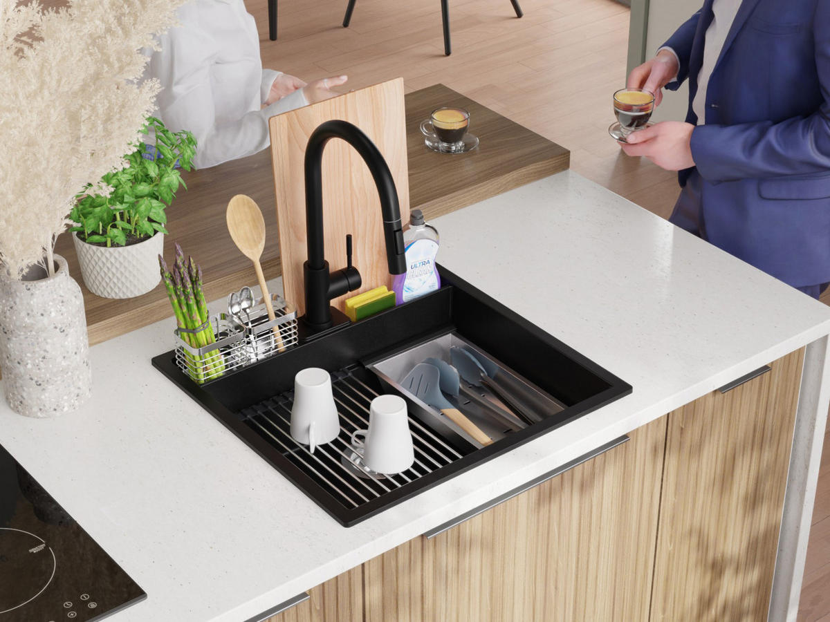 SPÜLBECKEN Bergen Pocket, 2-er set Schwarz 56/54 cm 1 Becken + Ablauf-Set + Küchenzubehörset ab 60er Unterschrank - Chromfarben/Beige, Kunststoff (56/20/54cm) - Primagran