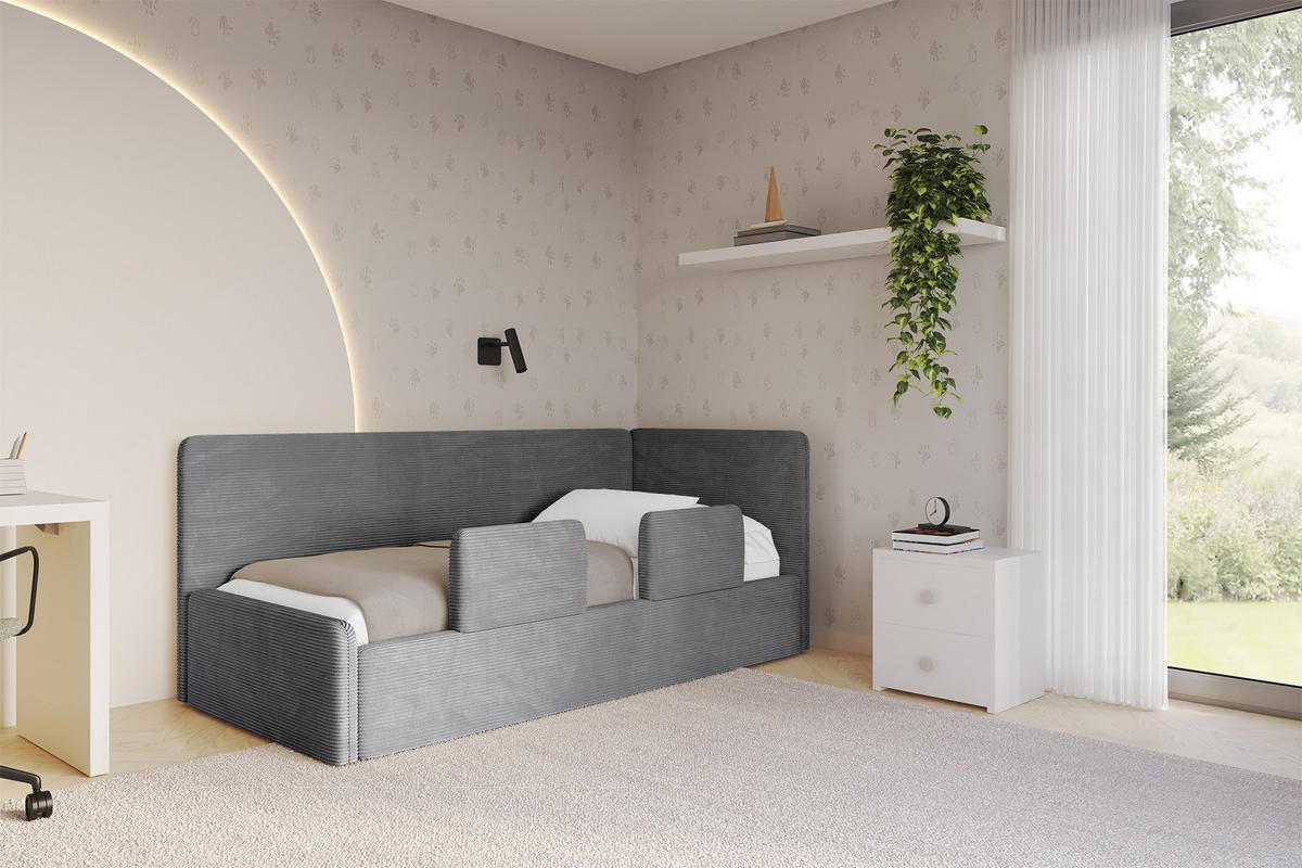 EINZELLBETT Jugendbett mit Bettkasten, Links - NORY 80x200 Dunkelgrau - Graphitfarben, Holzwerkstoff/Textil (80/200cm) - ALTDECOR