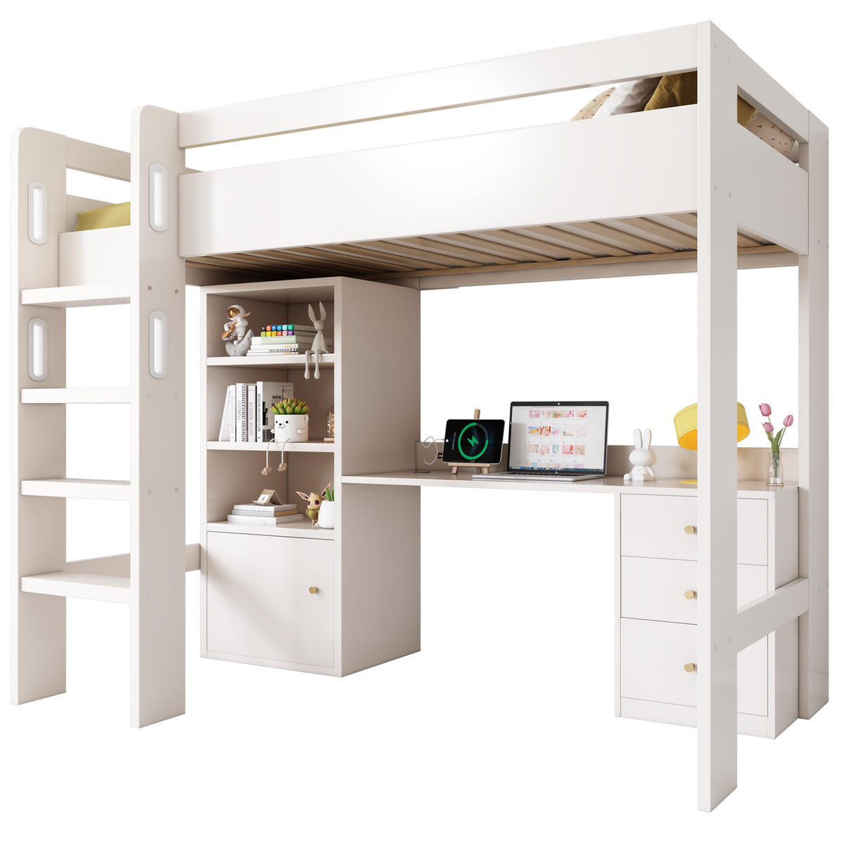 HOCHBETT 90/200 cm in Weiß mit Schreibtisch, Stauraum und USB- und Type-C-Anschlüssen - Weiß, Holzwerkstoff (90/200cm) - Flora Grace