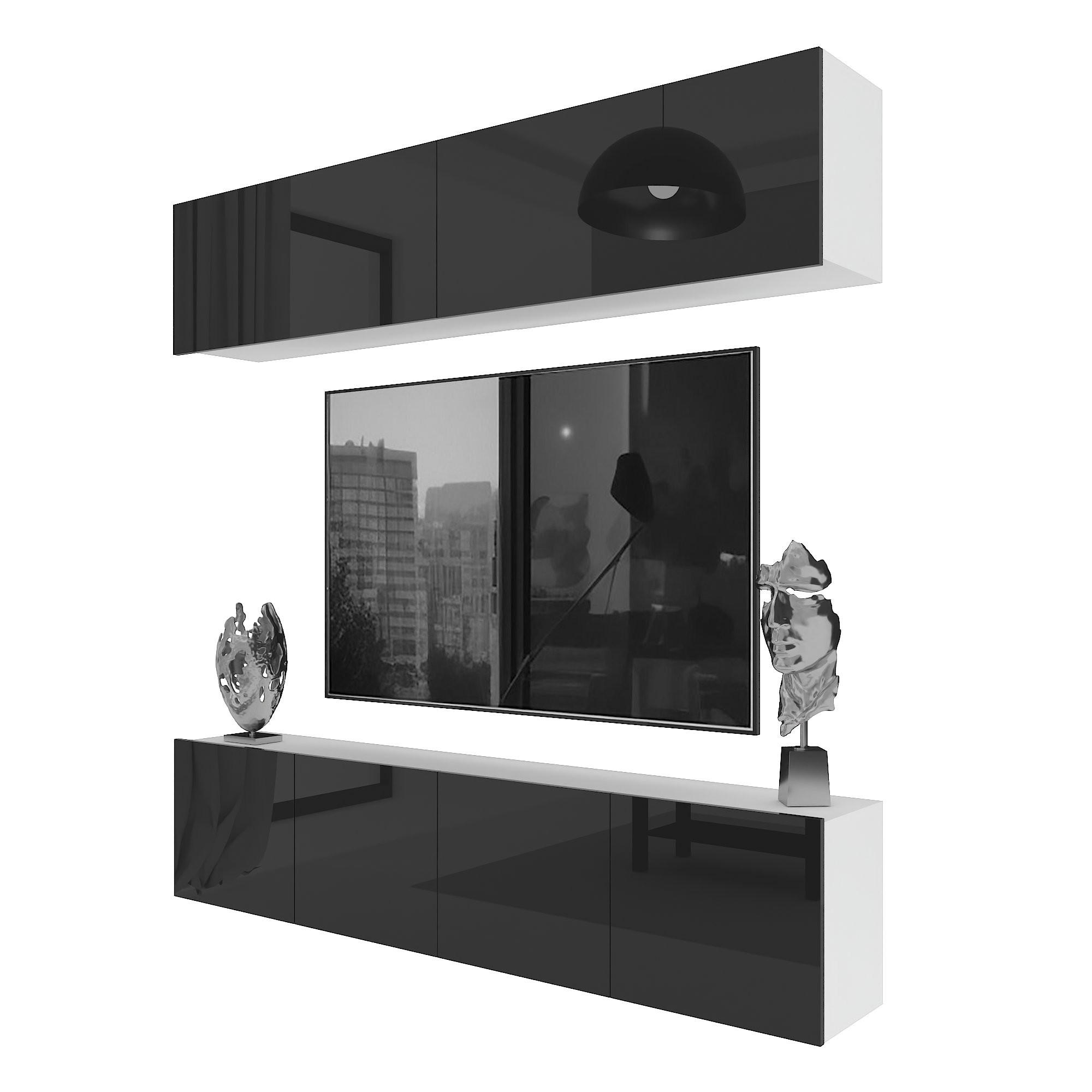 WOHNWAND Milano 6, Schwarz Hochglanz, 200 cm, Grifflos - Schwarz, Holz (200/40/36cm) - B BELINI GROUP