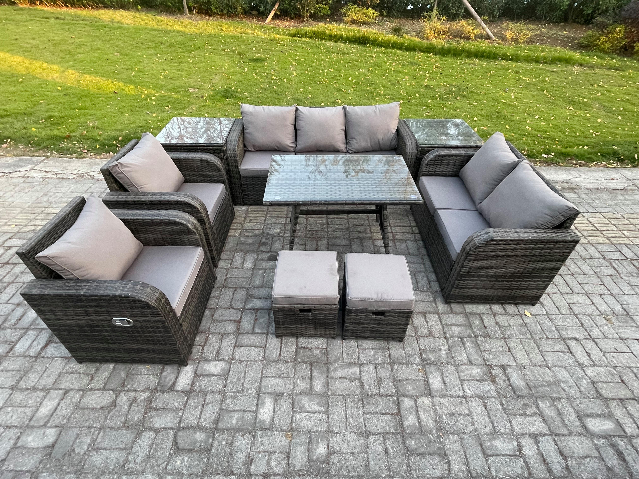 GARTENMÖBEL SET Polyrattan Dunkelgrau 9-Sitzer - Dunkelgrau/Grau, Glas/Kunststoff - Fimous