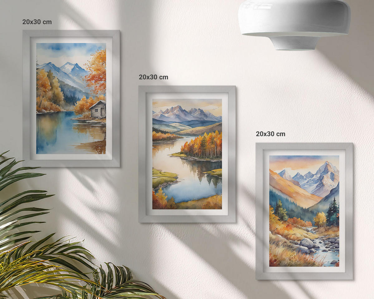 BILDER SET 3er Set - 20x30 cm Silberner Rahmen - Gebirgsflüsse, Herbstbäume - Silberfarben, Kunststoff (20/30cm) - TULUP
