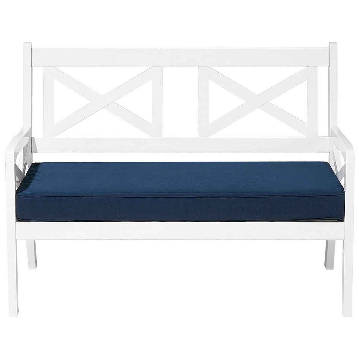 GARTENBANK Akazienholz weiß Auflage marineblau 120 cm Baltic - Blau/Weiß, Holz (121/90/68cm) - Beliani