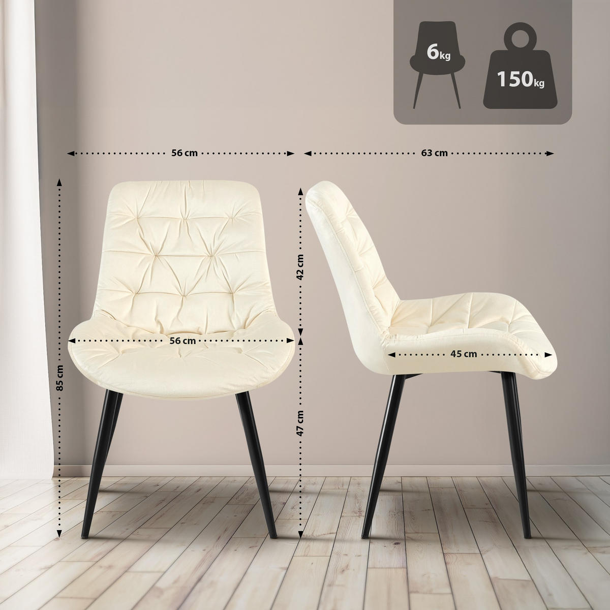 STUHL 2er Set Samt Creme - Creme/Schwarz, Textil/Metall (56/85/63cm) - CLP