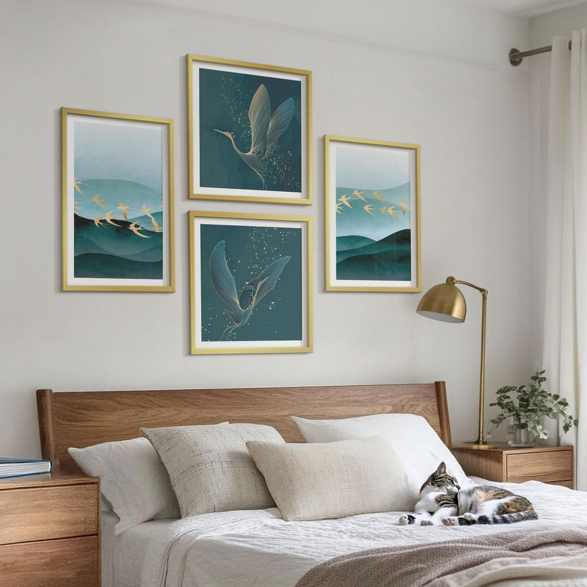 BILDER SET 4er Set - 50x50 cm & 40x60 cm Goldrahmen - Abstrakte Landschaften von Vogelwellen - Goldfarben, Kunststoff (50/50cm) - TULUP