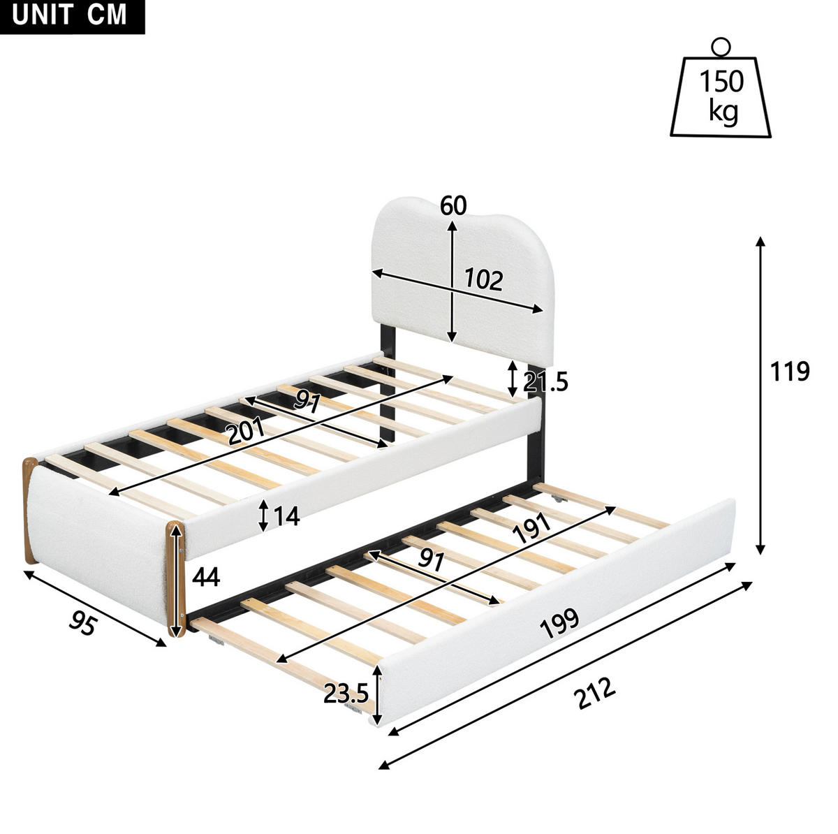 POLSTERBETT 90/200 cm mit ausziehbarem Rollbett und gepolstertem Kopfteil - Weiß, Textil (90/200cm) - BEAOK