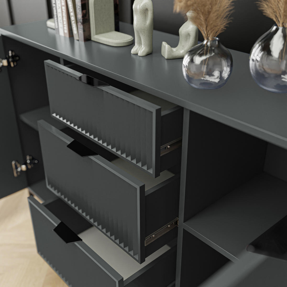 KOMMODE klein Aufbewahrungsschrank mit 3 Schubladen und 2 Türen, Grün - Grün, Holzwerkstoff (135/87/41cm) - Idohome