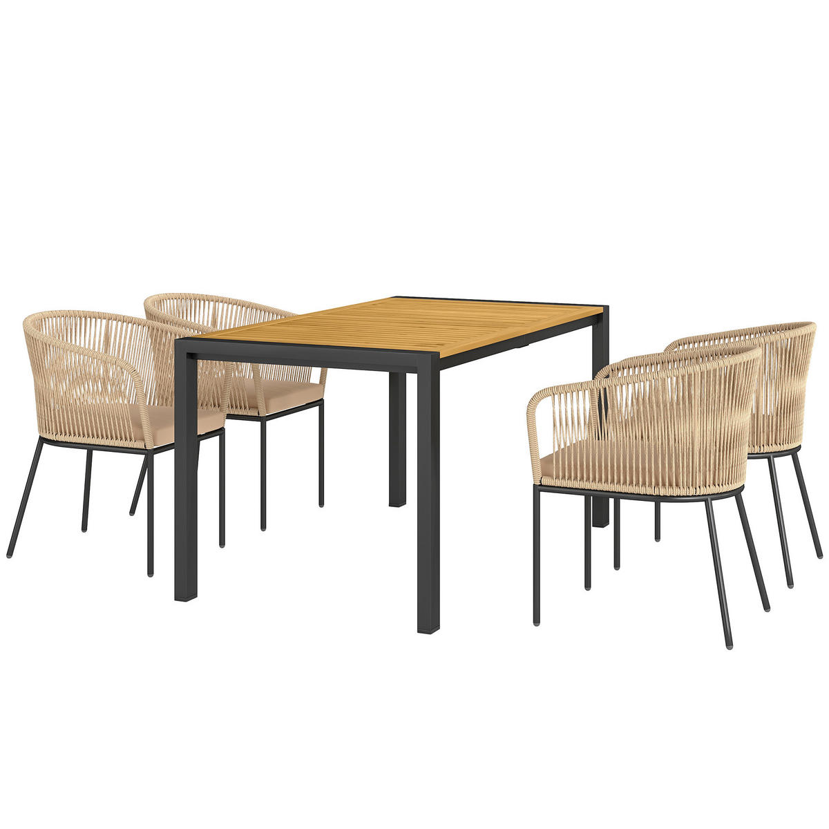 GARTENMÖBEL-SET DE-06739 5-teiliges, 4 Stühle & Tisch, waschbare Kissen Khaki - Taupe/Naturfarben, Holz/Kunststoff - ComfortXL