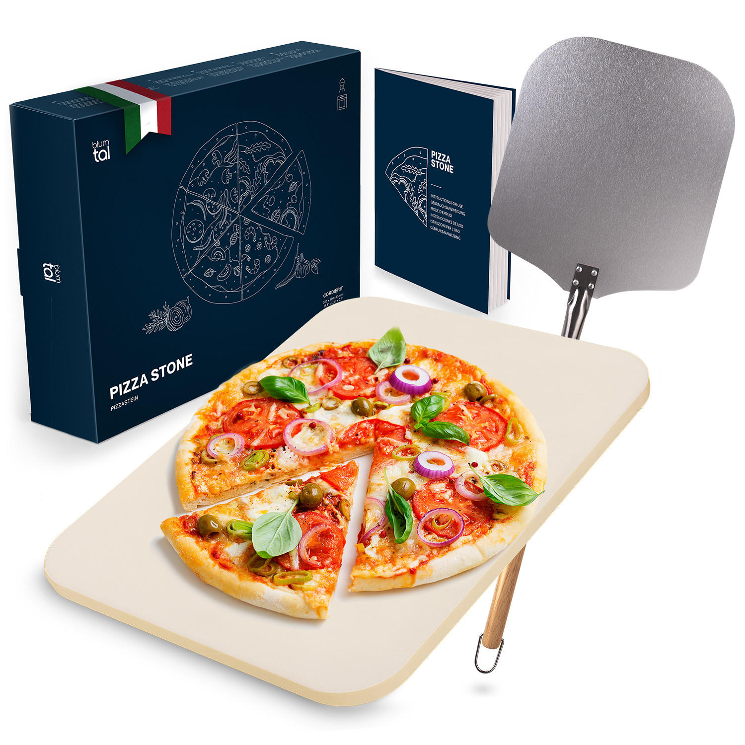 PIZZASTEIN Arkelstorp 2er-Set mit Pizzaschieber - Beige, Stein (38/1/30cm) - Blumtal