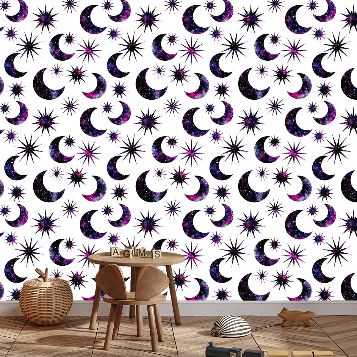 VLIESTAPETE Monde und Sterne – Lila, Schwarz, Weiß – 50x1000 cm - Lila/Schwarz, Papier (50/1000cm) - Muralo
