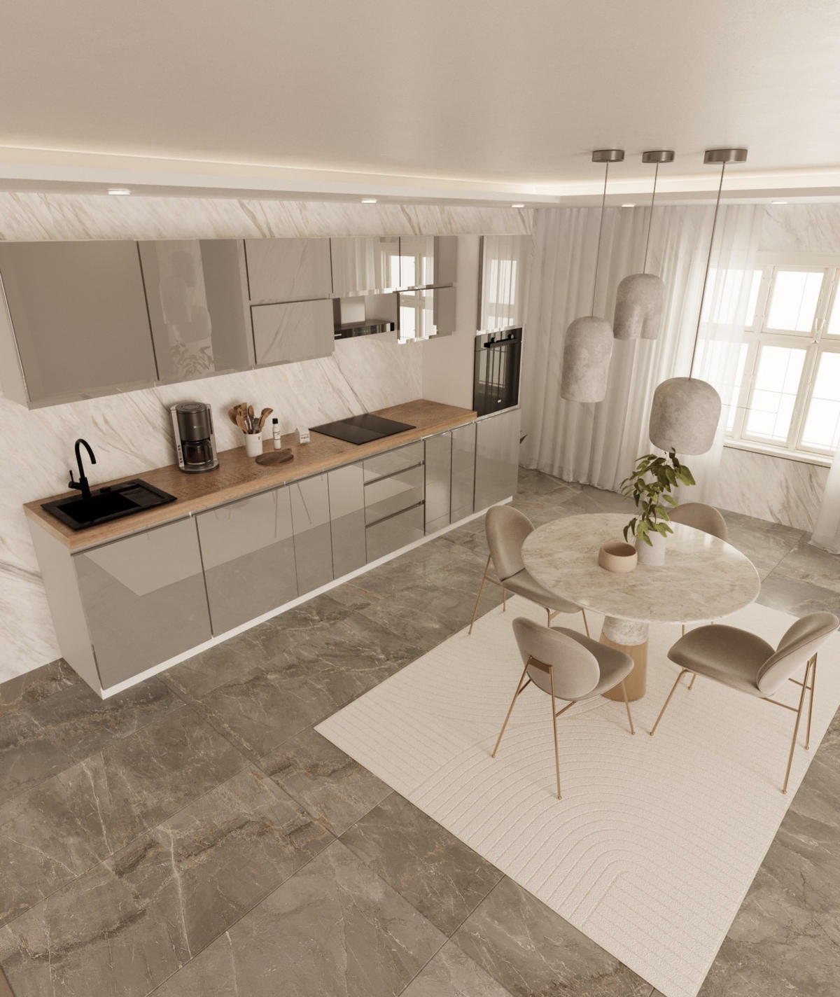 KÜCHENZEILE 340 cm - Aspen KA13-M340- in Grau/Hochglanz - Grau, Holz (340/212/58cm)