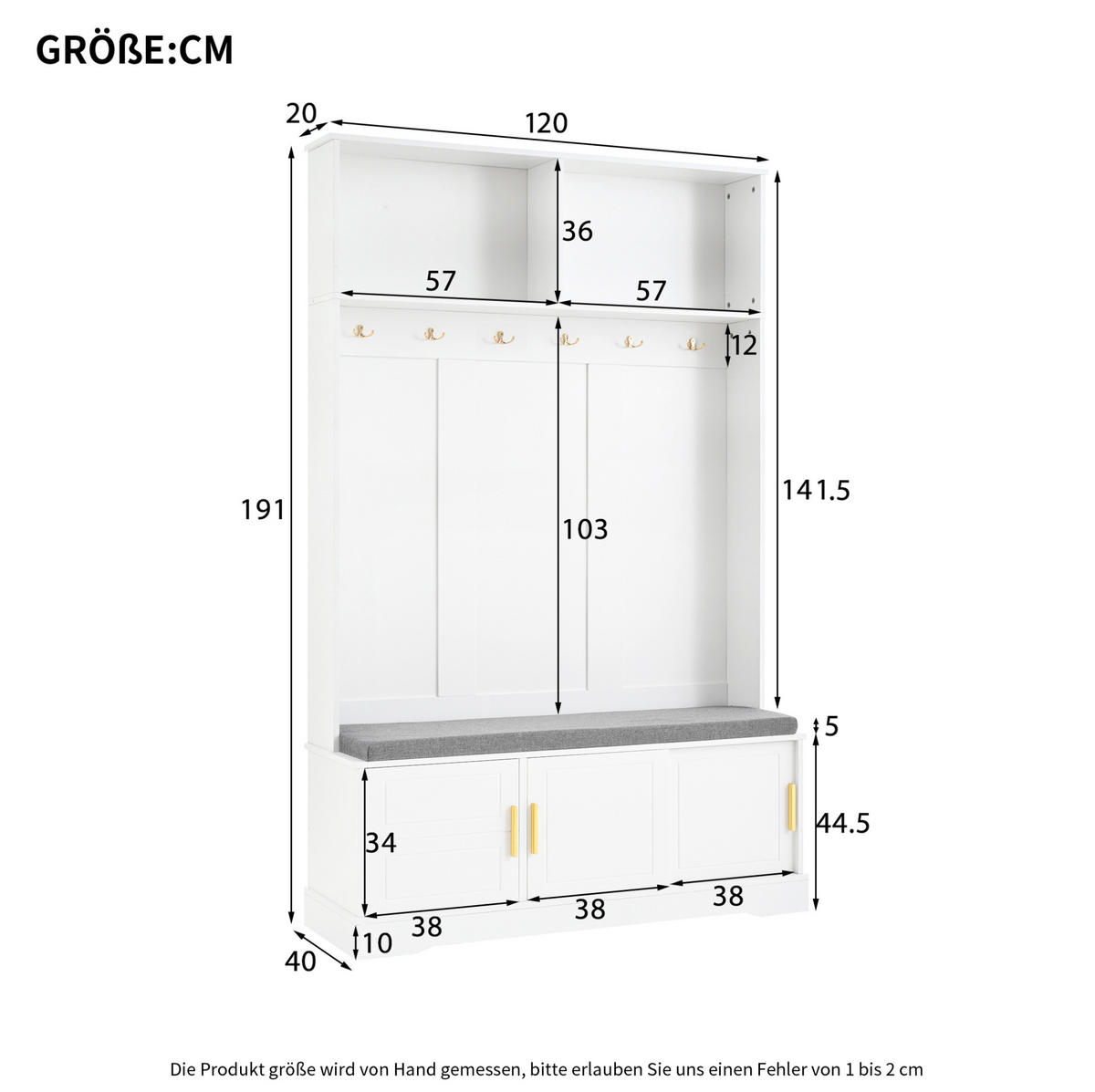 GARDEROBE 120/191/40 cm Weiß aus Spanplatte mit Schuhbank - Weiß, Holzwerkstoff (40/191/120cm) - OKMYHOME