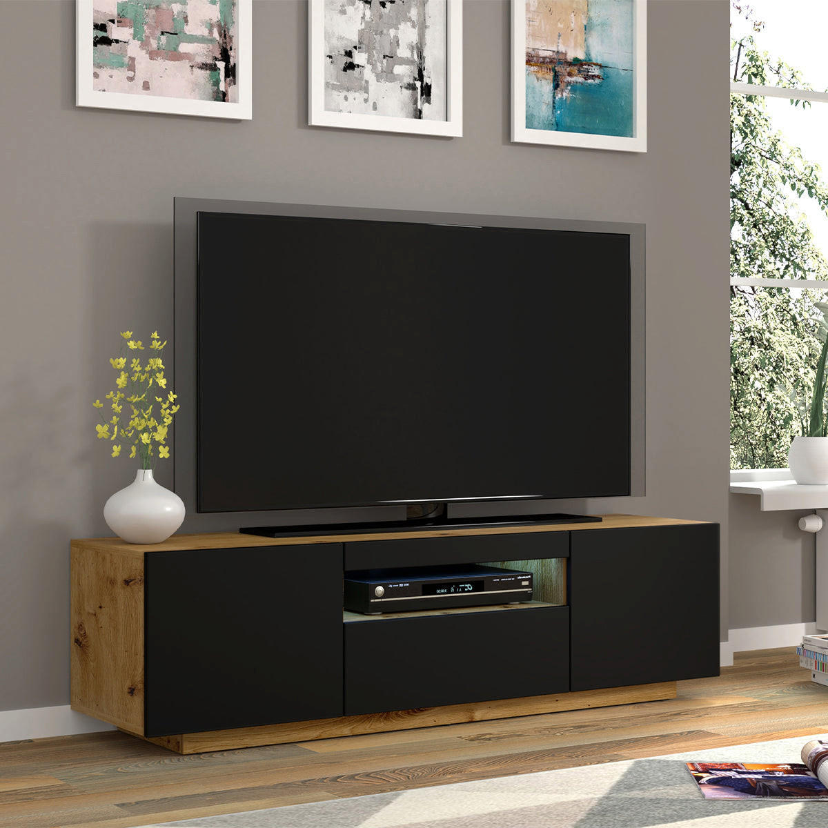 TV STOLÍK Aurus Drevo a čierna farba - čierna/farba duba, kompozitné drevo (150/36/37cm) - Petits-meubles