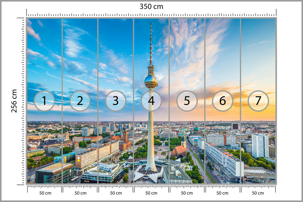 FOTOTAPETE für Wohnzimmer Fernsehturm Berlin Stadt Wolkenkratzer 350x256 - Beige/Orange, Papier (350/256cm) - Muralo