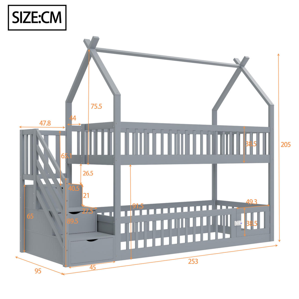 ETAGENBETT 90/200 cm Grau mit Dach und Sicherheitstreppe - Grau, Holz (90/200cm) - OKMYHOME