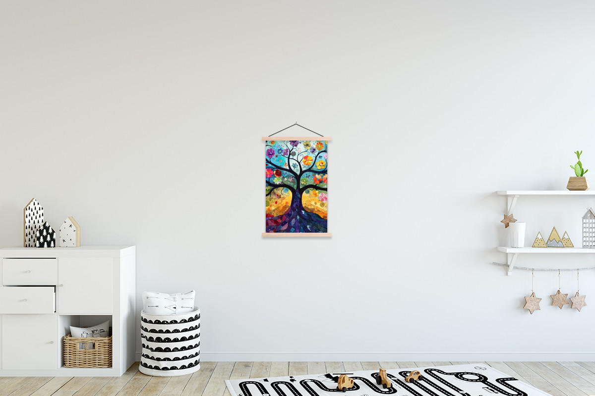 POSTER Kunst - Baum des Lebens - Blumen - Hippie 40x60 cm - Dunkelblau, Textil (40/60/0.15cm) - MuchoWow