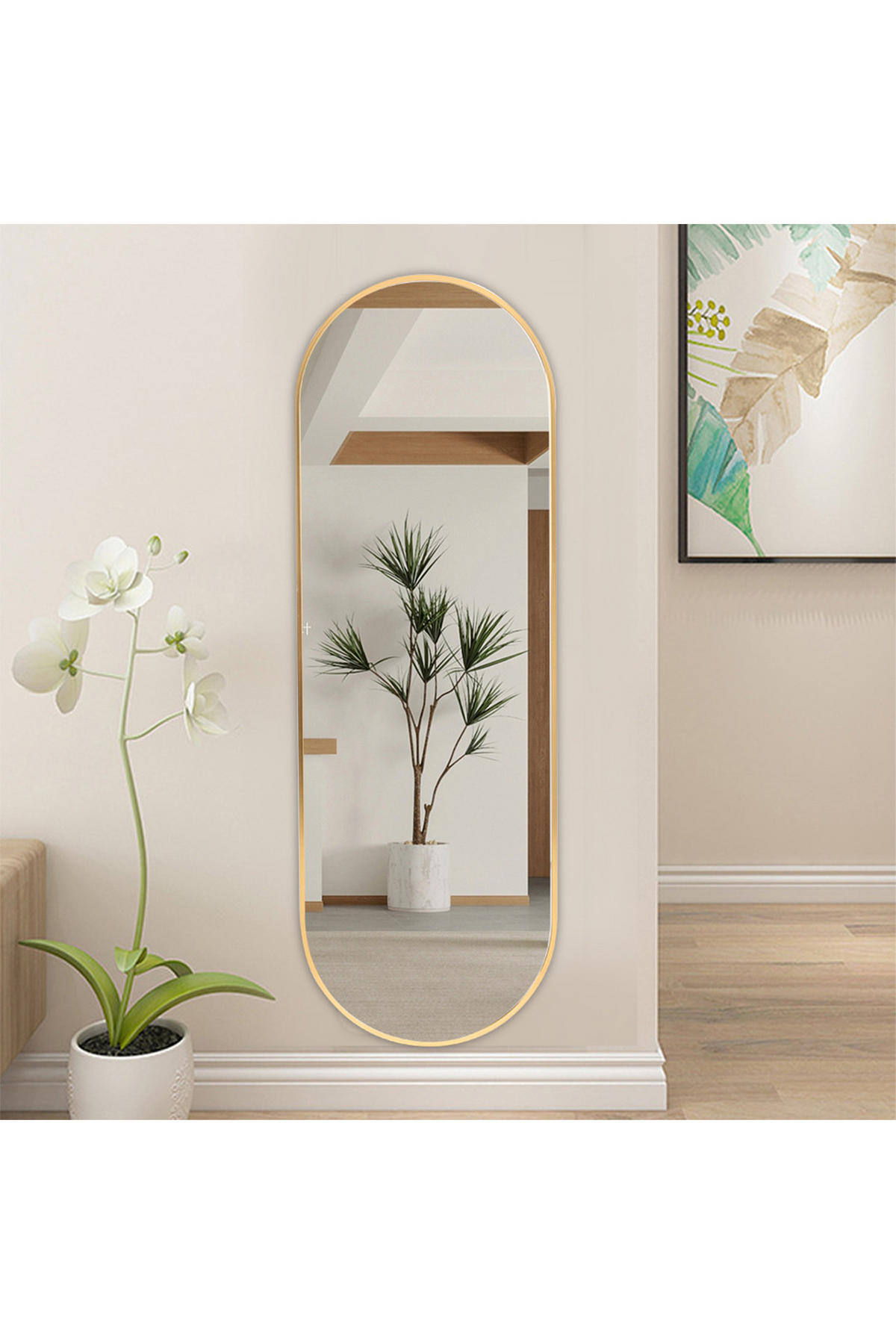 GANZKÖRPERSPIEGEL mit Goldenem Metalrahmen Kapselform Ästhetisches Design Wandmontage 120 L x 40 B x 2,8 D cm - Goldfarben, Glas/Metall (40/2.8/120cm) - Livingandhome