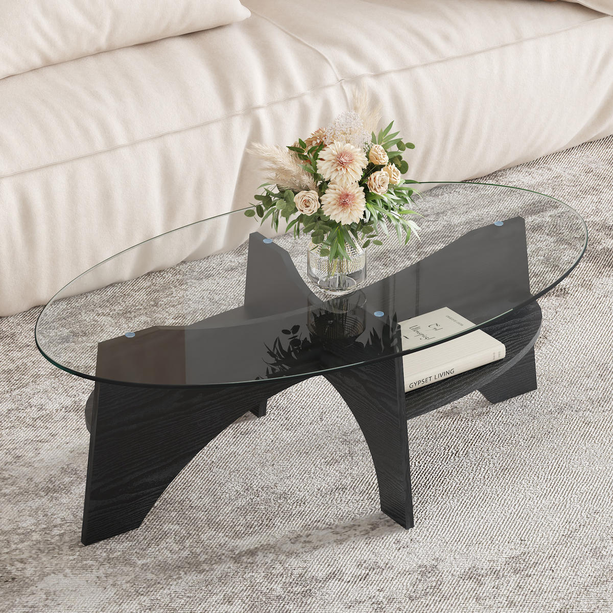 COUCHTISCH in Schwarz Moderner ovaler Beistelltisch mit Holzoptik für Esszimmer und Wohnzimmer, B104.9/T60/H35.6 cm - Transparent/Schwarz, Glas/Holzwerkstoff (60/104.9/35.6cm) - STILVORA