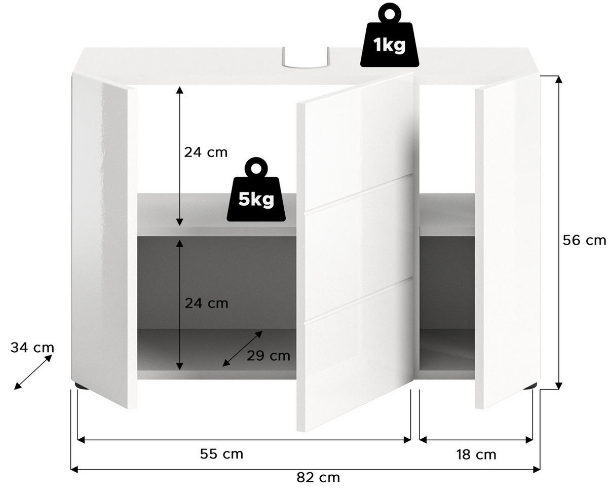 WASCHBECKENUNTERSCHRANK Vira Bad in weiß Melamin und weiß hochglanz B/H/T: 82x56x34 cm - Weiß, Holz (82/56/34cm)