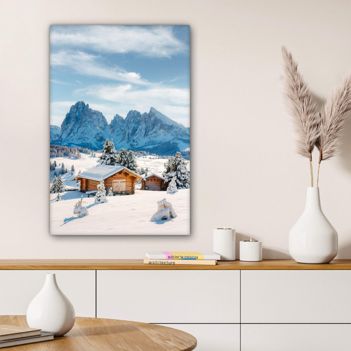 LEINWANDBILD Winter - Hütte - Berge - Aussicht - Schnee 60x90 cm - Eichefarben, Textil (60/90cm) - MuchoWow
