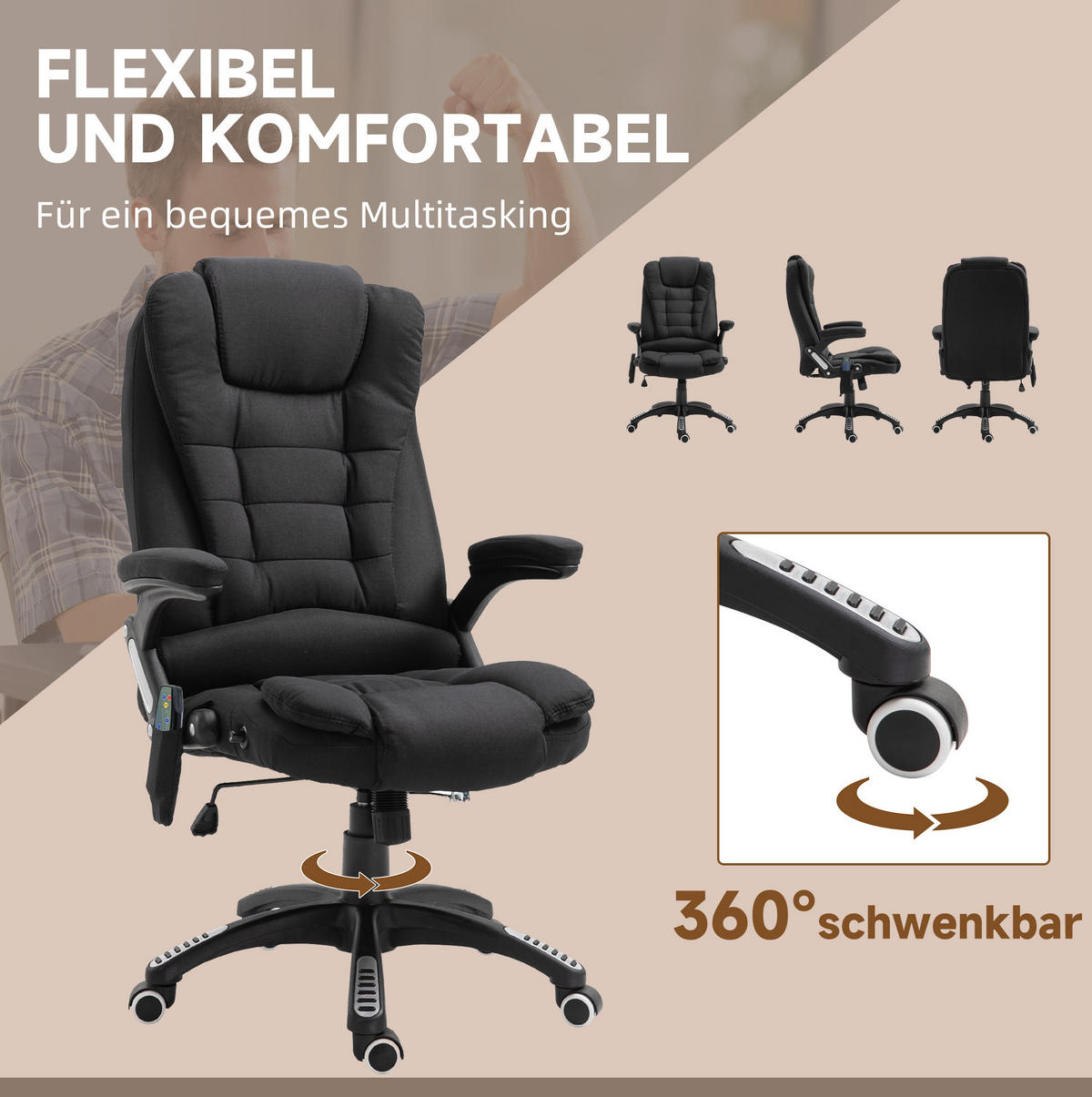 DREHSTUHL 68/72/110-120 cm schwarz aus Polyester mit Massage- und Heizfunktion - Schwarz, Kunststoff (74/120/67cm) - OKWISH