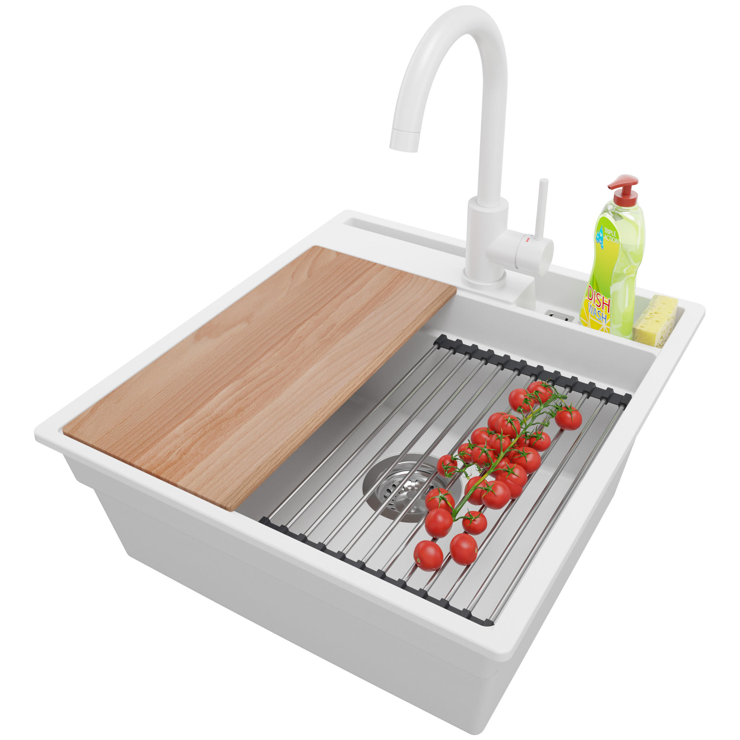 GRANITSPÜLE Oslo Pocket, 2-er set Weiß 48/53 cm 1 Becken + Küchenarmatur 32/20 cm + Ablauf-Set + Küchenzubehörset ab 50er Unterschrank - Chromfarben/Beige, Kunststoff (48/20/53cm) - Primagran