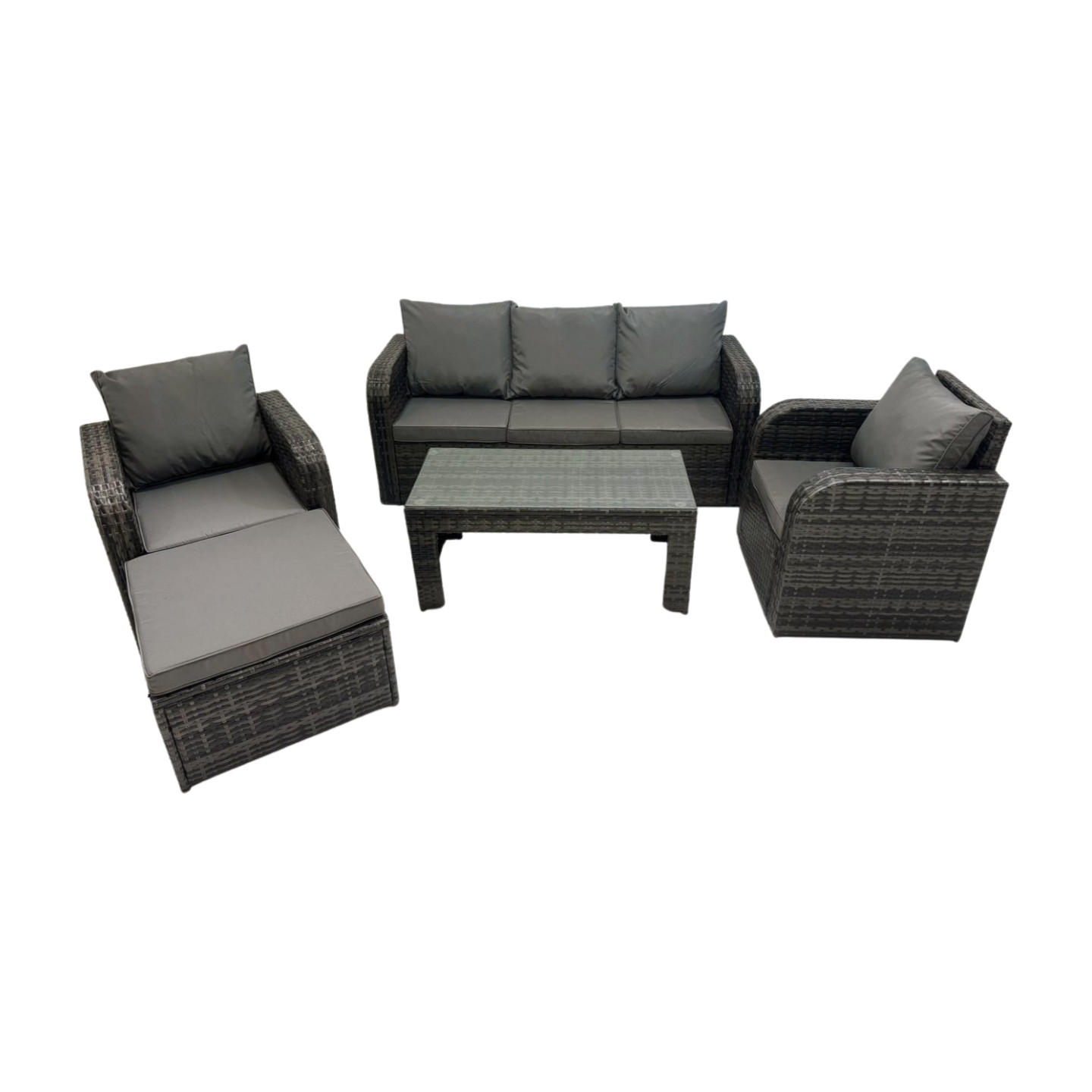 GARTENSOFA SET mit LIEGESTUHL Polyrattan 6-Sitzer Dunkelgrau - Dunkelgrau/Grau, Glas/Kunststoff - Fimous