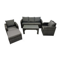 GARTENSOFA SET mit LIEGESTUHL Polyrattan 6-Sitzer Dunkelgrau - Dunkelgrau/Grau, Glas/Kunststoff - Fimous