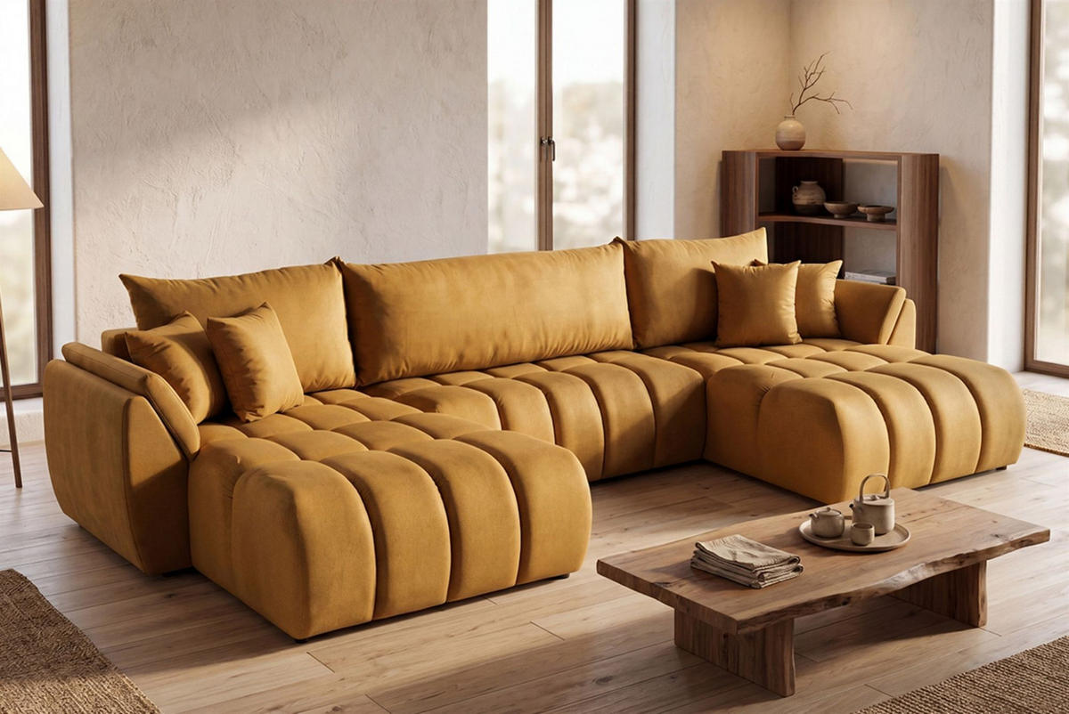 WOHNLANDSCHAFT Collin Mit Schlaffunktion - Gelb, Holzwerkstoff/Textil (382/85/185cm) - Fun Möbel