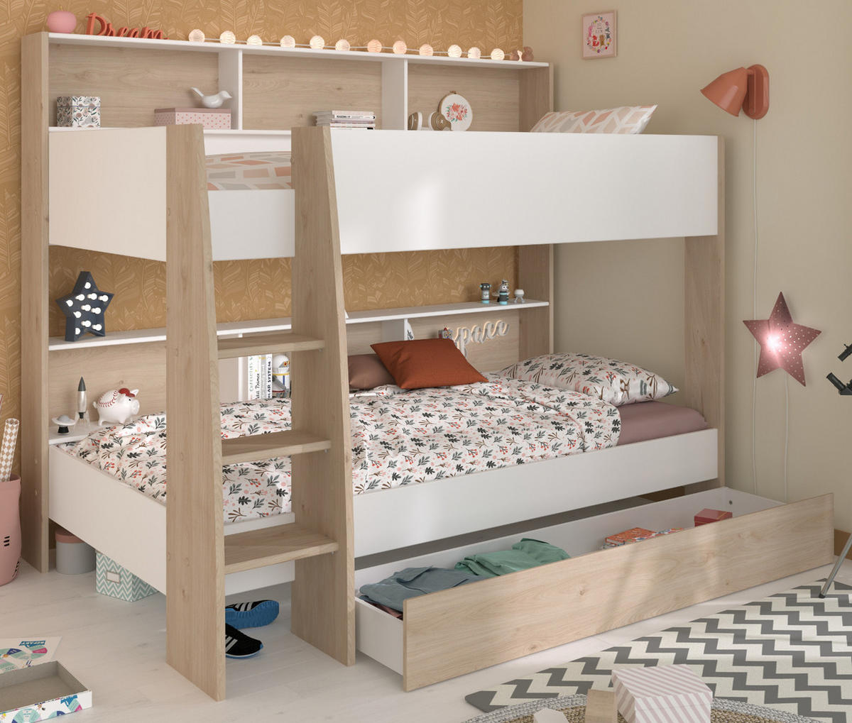 ETAGENBETT weiß, Eiche 90 x 200 cm, Jugendzimmer Hochbett mit Stauraum - Eichefarben/Schwarz, Holzwerkstoff/Kunststoff (90/200cm) - Parisot Meuble