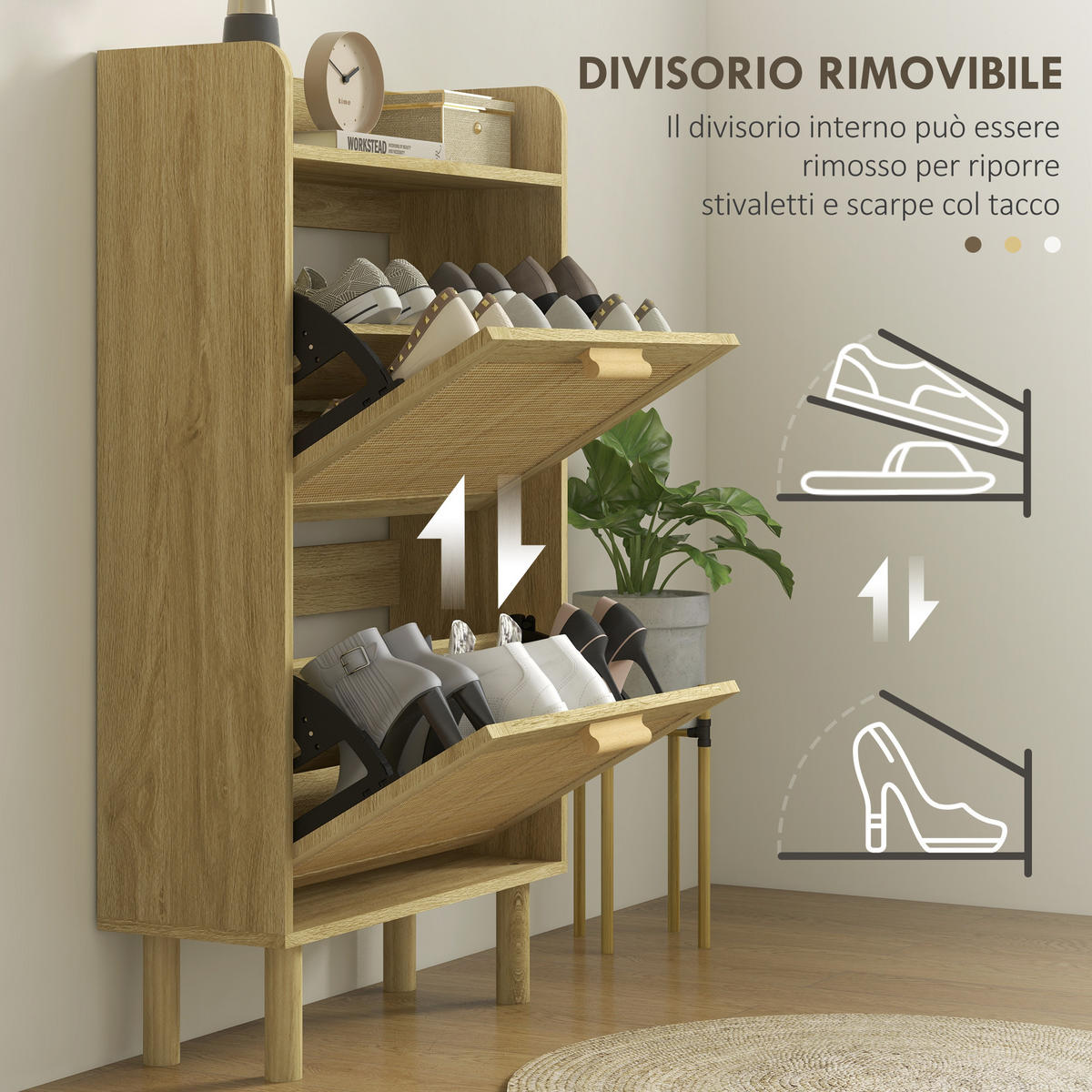 SCHUHSCHRANK,SCHMAL 2 Klappschubladen mit Deckel,eiche - Beige, Holzwerkstoff (80/110/24.5cm) - Vallsero