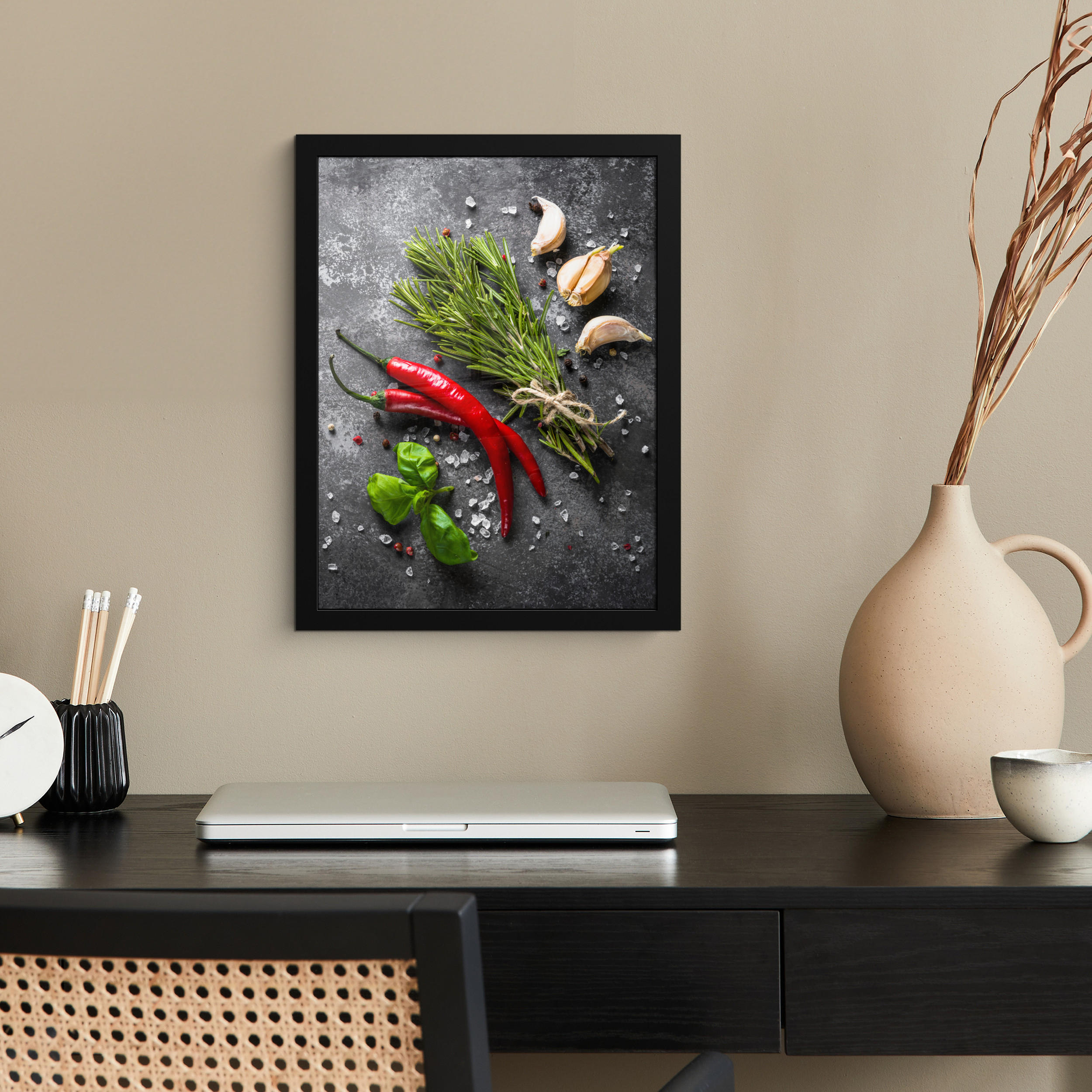 GERAHMTES BILD Pfeffer - Kräuter - Gewürze - Beton 30x40 cm - Dunkelgrau, Papier (30/40cm) - MuchoWow