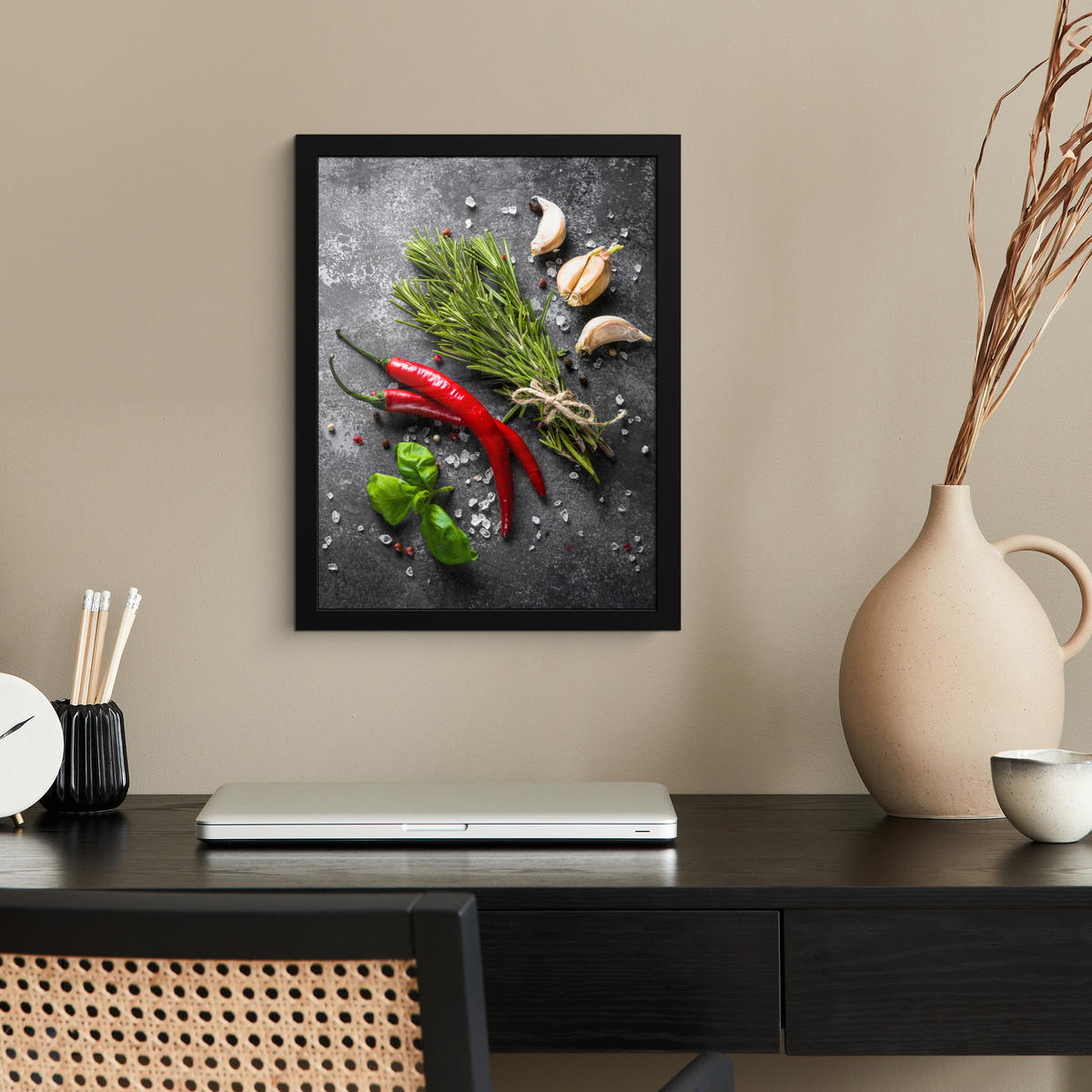 GERAHMTES BILD Pfeffer - Kräuter - Gewürze - Beton 30x40 cm - Dunkelgrau, Papier (30/40cm) - MuchoWow