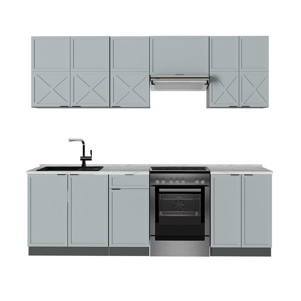KÜCHENZEILE Fame-Line Hellblau-grau/Anthrazit 240 cm, AP Marmor - Anthrazit/Blaugrau, Holzwerkstoff (240/81.6/60cm) - Vicco