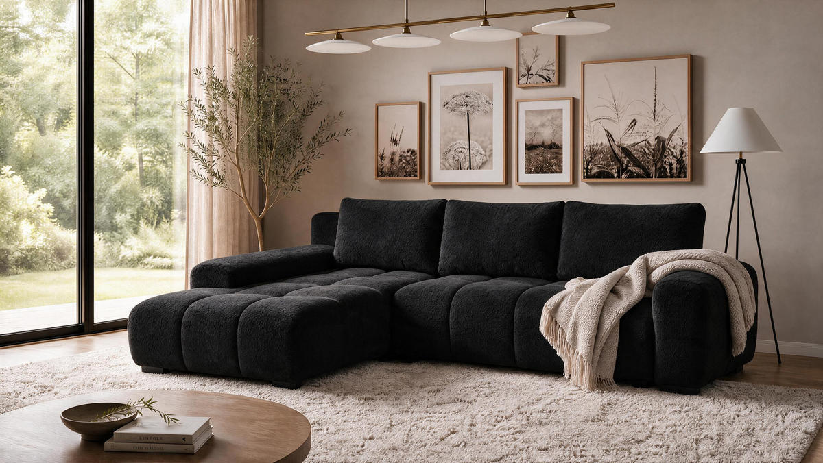 ECKSOFA Ovia mit Bettkasten und Schlaffunktion, Bouclé-Stoff in L-Form - Schwarz, Textil (270/185cm)