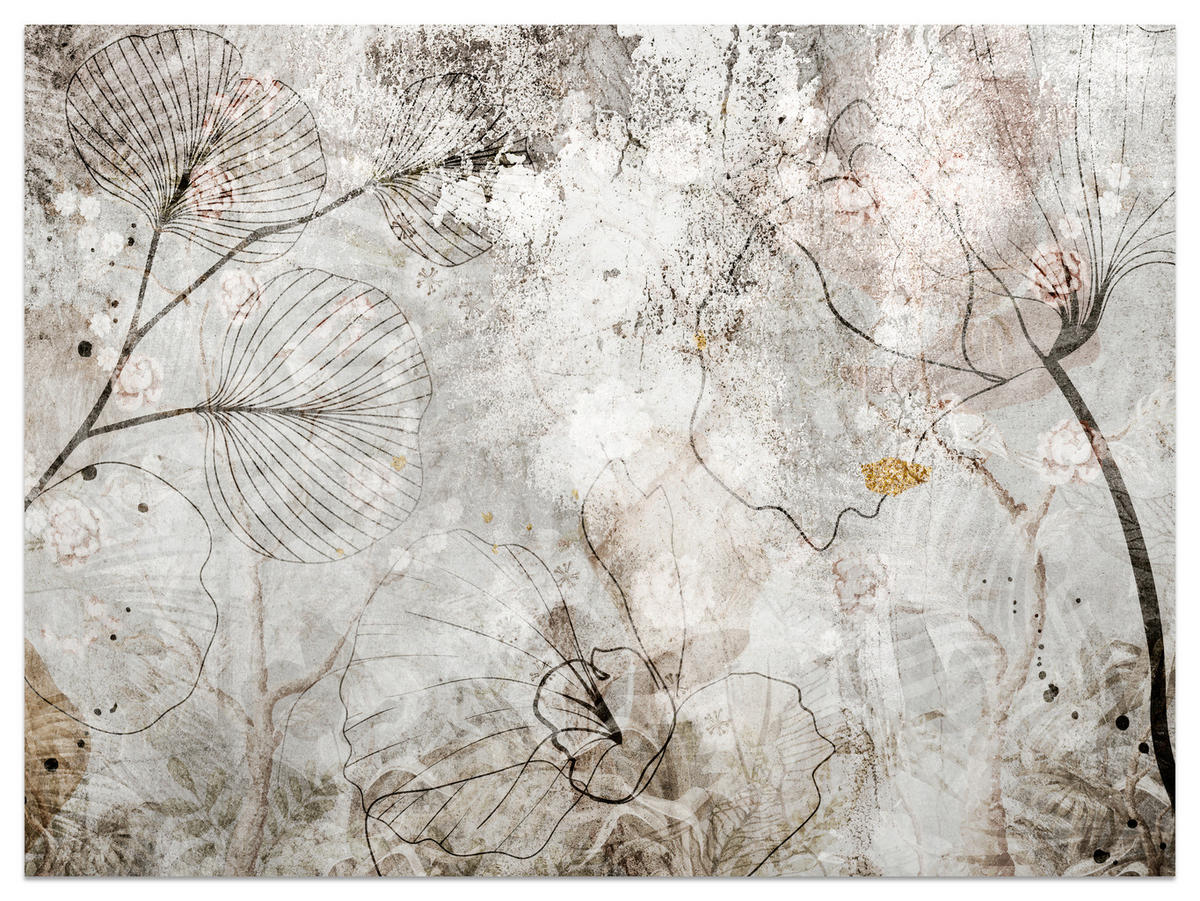 FOTOTAPETE für Wohnzimmer Vintage Blätter Blumen Beton Abstrakt 450x315 - Gelb/Orange, Papier (450/315cm) - Muralo