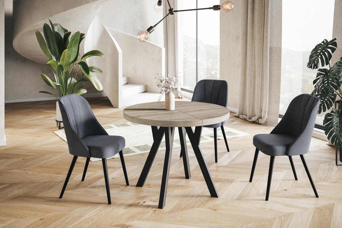 ESSZIMMERTISCH OVO, ausziehbarer Tisch 110 cm bis 210 cm, Farbe: SONOMA, mit Holzbeinen in Farbe Schwarz - Schwarz/Sonoma Eiche, Holzwerkstoff (110/110/77cm) - Alpi-Möbel