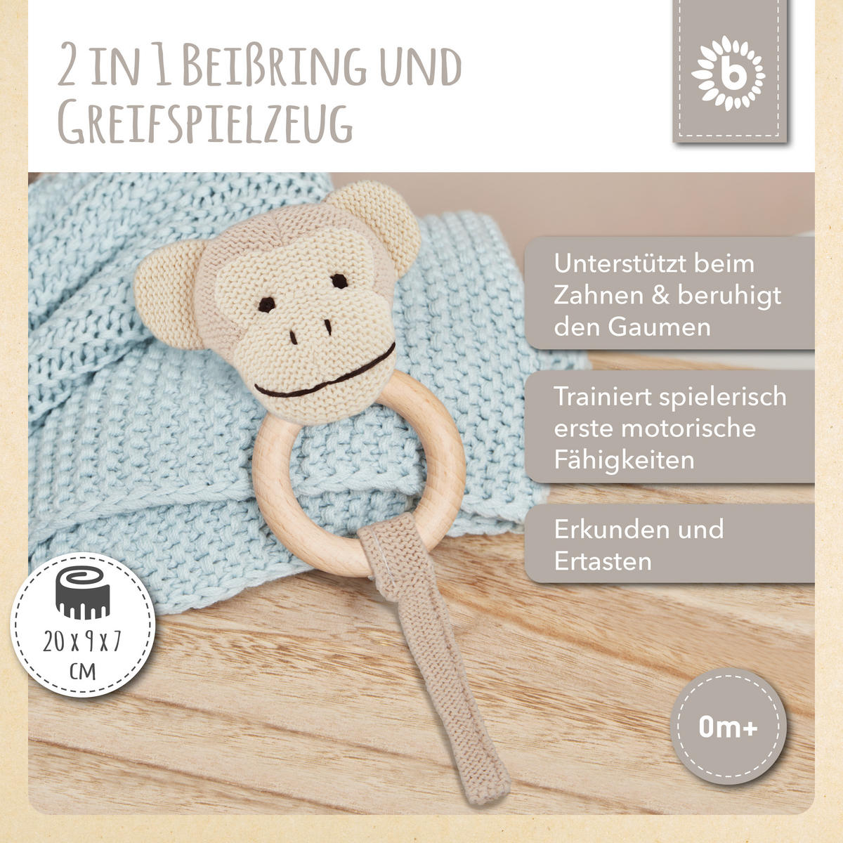 GREIFLING Holz Natur und Baumwolle mit R - Beige, Textil (9/20cm) - Bieco Spielwaren