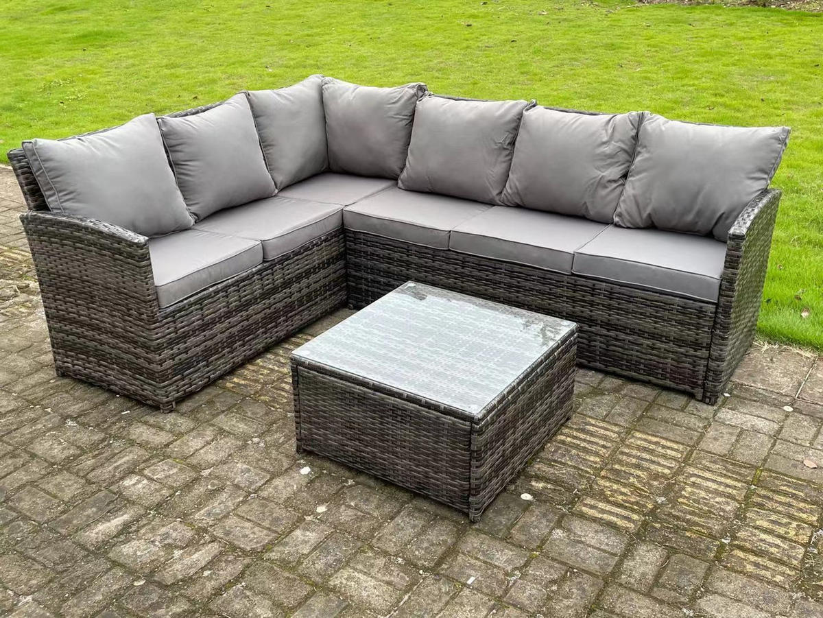 GARTENMÖBEL SET mit Quadratischer Couchtisch Polyrattan Dunkelgrau 6-Sitzer - Dunkelgrau/Grau, Glas/Kunststoff - Fimous