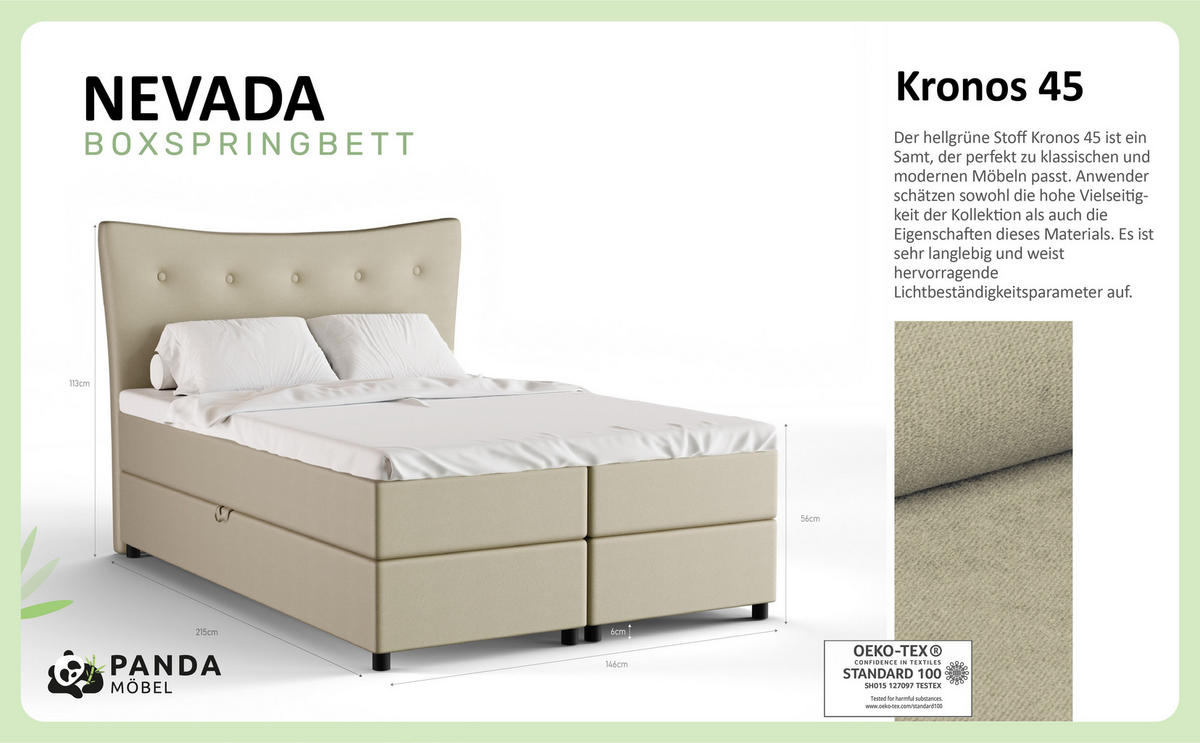 BOXBETT Nevada 140 x 200 cm Doppelbett mit hochwertiger Bonell-Matratze und Topper - ecru - Ecru, Holz (140/200cm) - Panda Möbel