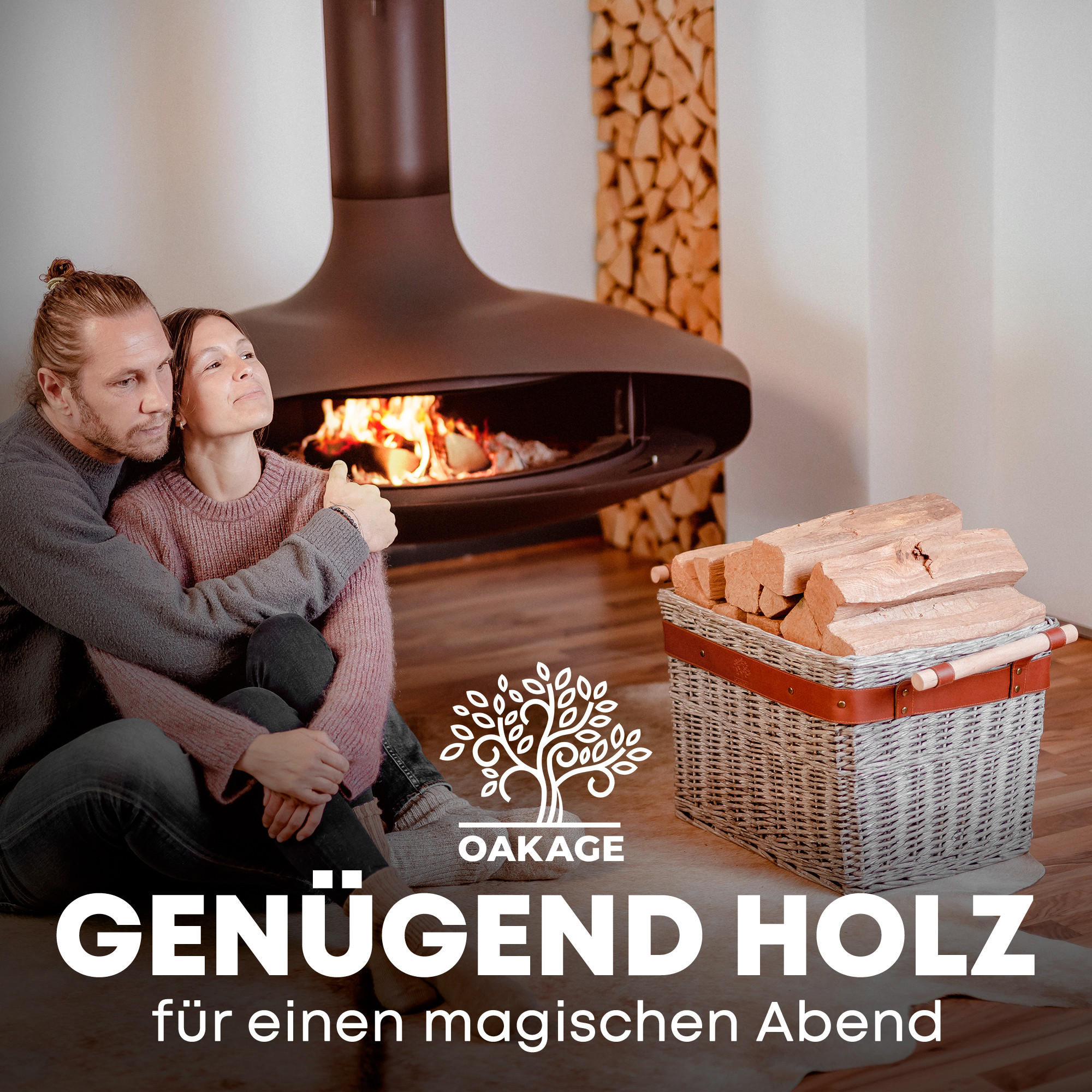 KAMINHOLZKORB WillowWrap Weide mit ausreißsicheren Holzgriffen 50/40/35 cm - Grau, Naturmaterialien (40/35/50cm) - OAKAGE