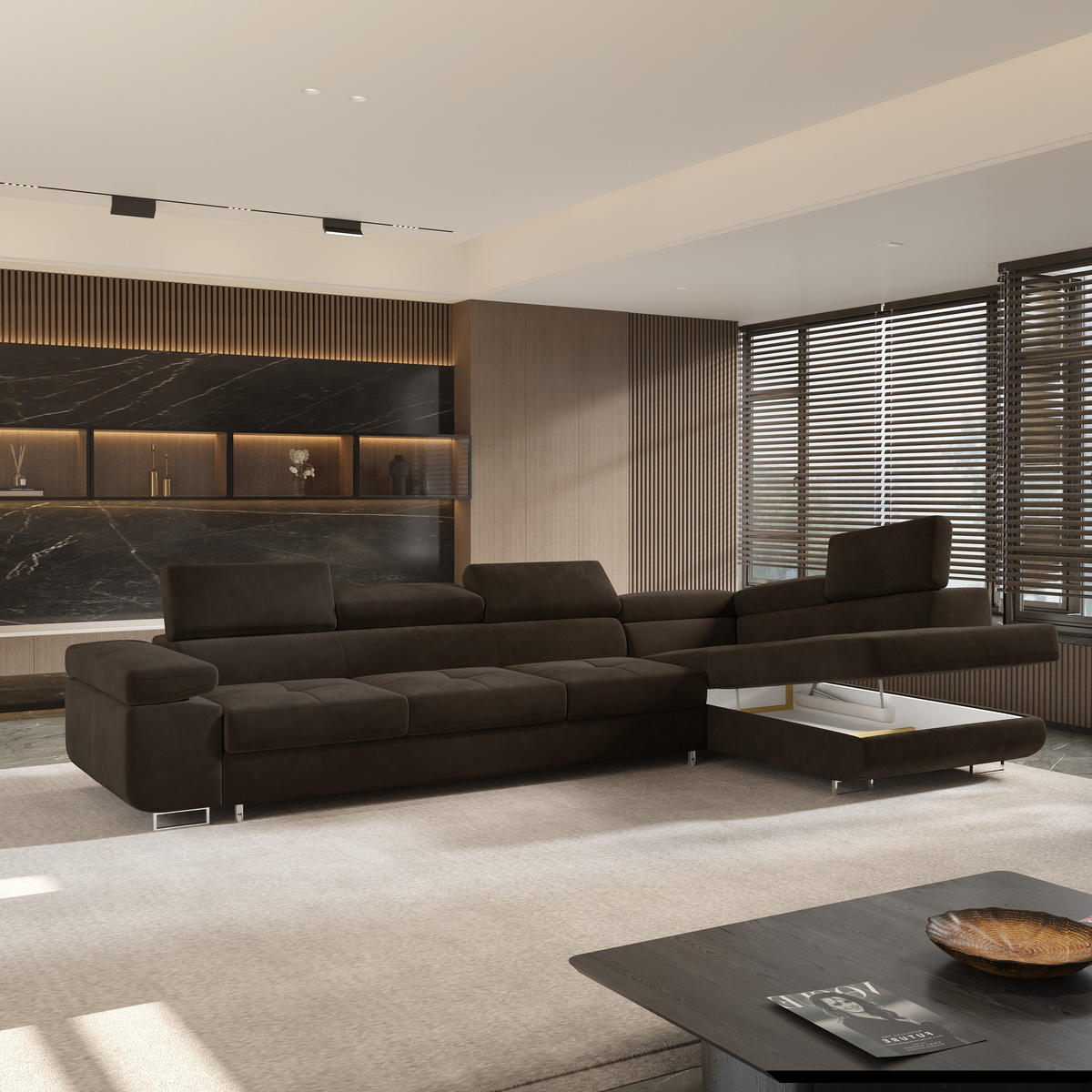 ECKSOFA VICENTE Braun Velours-Stoff mit Schlaffunktion - Braun, Holz (346/202cm) - MASSENO